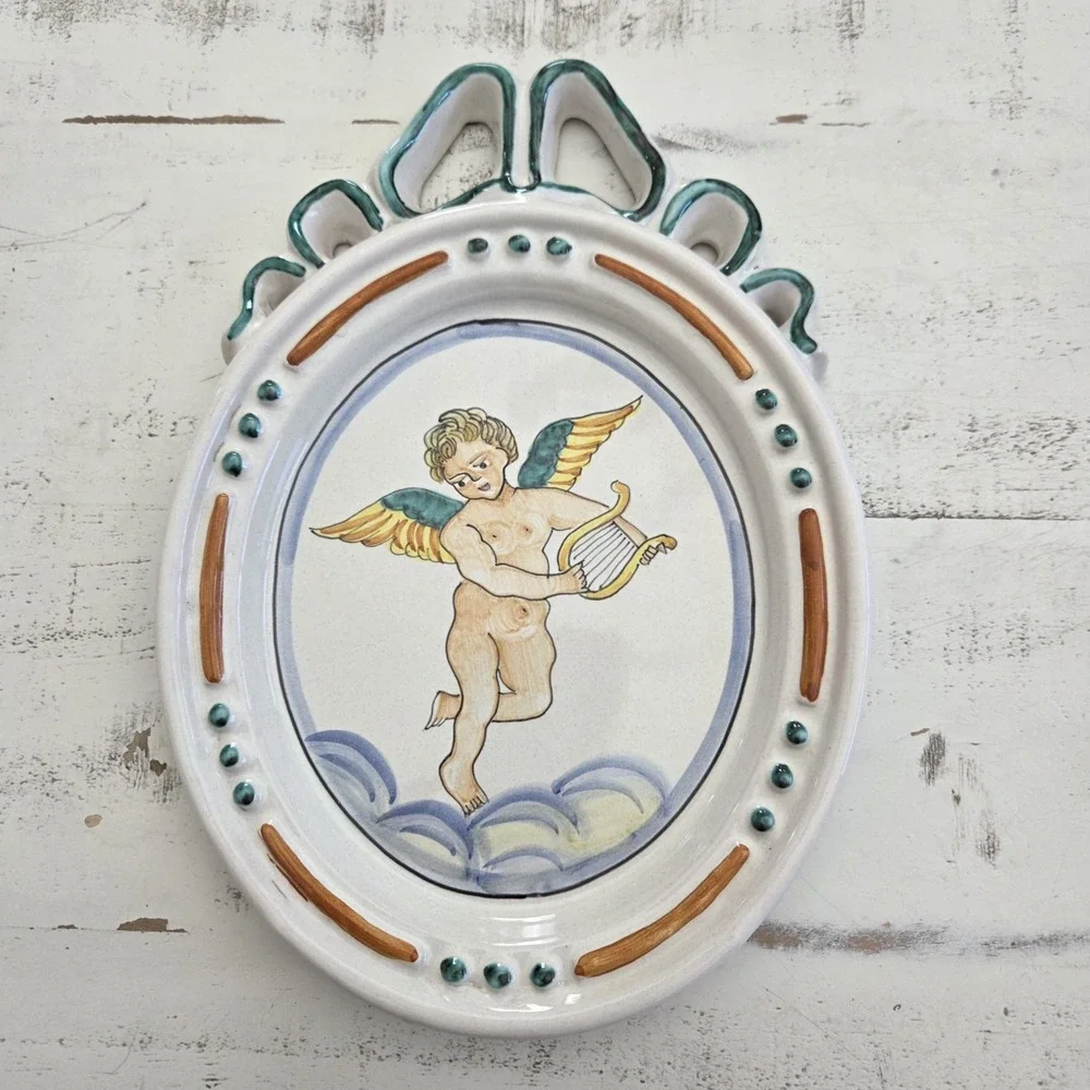 Pair Of Vintage Ceramiche d'Arte Sambuco Cherub Handpainted Ceramic Wall Plaques
